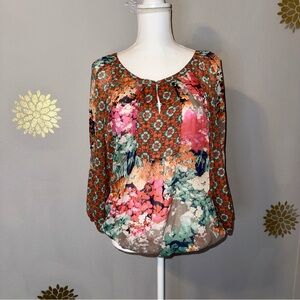 Fig & Flower Women’s Sheer Floral Orange Pink Green BOHO Chic Casual Blouse Top